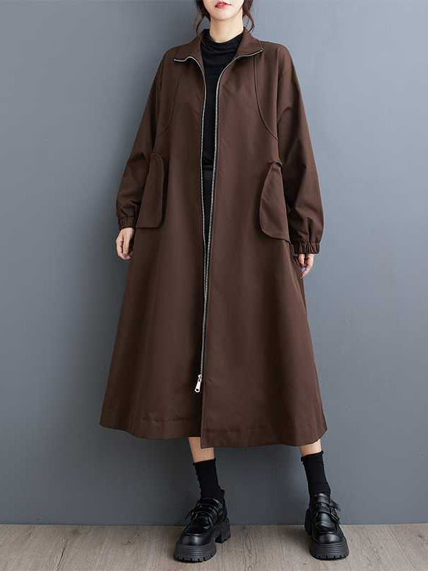 Retro Khaki High Neck Pockets Zip-up Long Sleeve Trench Coat Tw005