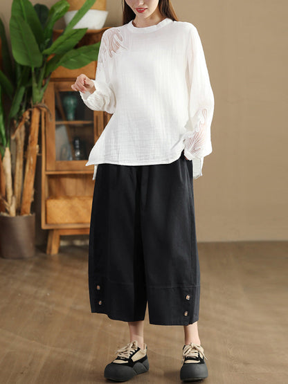 Autumn Artsy Embroidery Stand Collar Cotton Blouse Ai1076