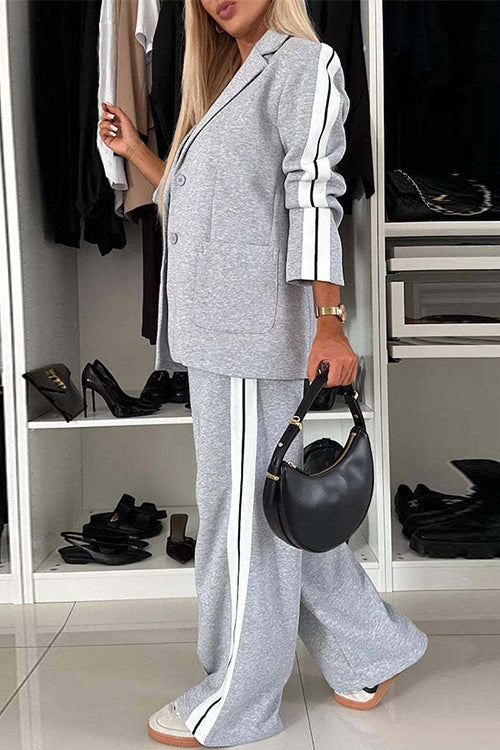 Patchwork Notch Lapel Pocketed Blazer Elastic Waist Wide Leg Pants Set