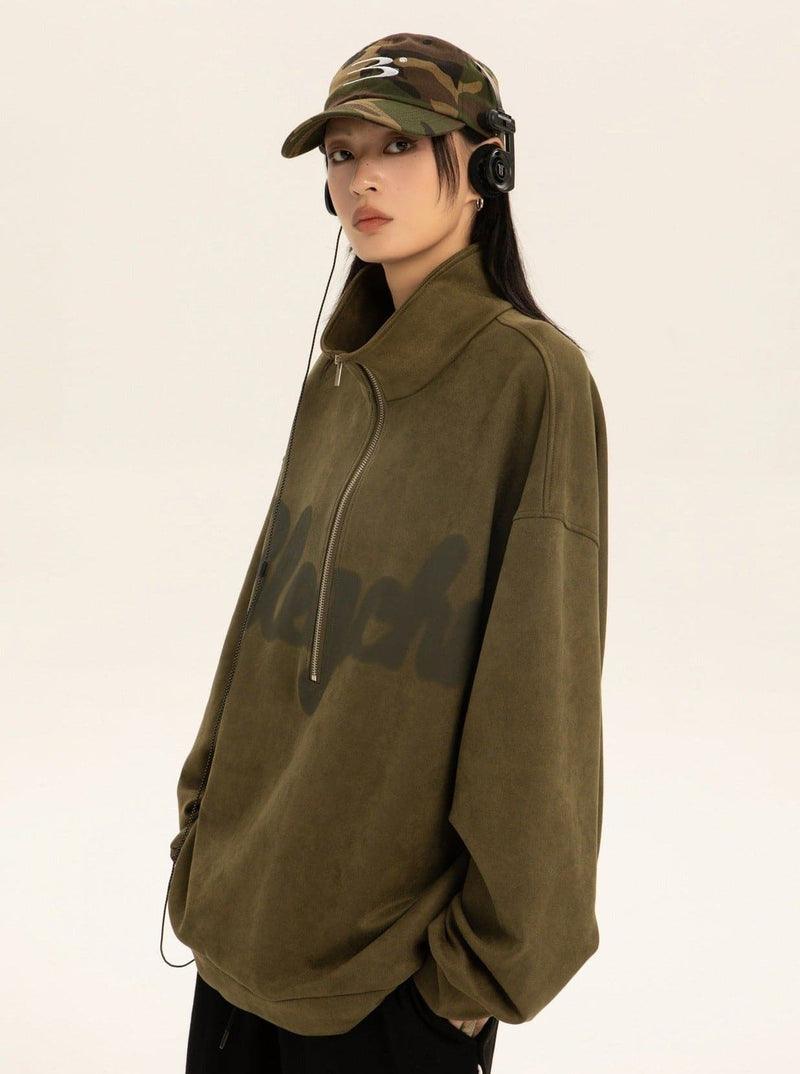 Oversized Suede Sweatshirt With Zipper Polo Collar