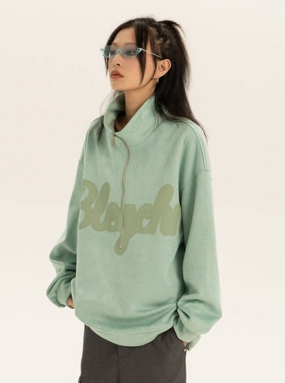 Oversized Suede Sweatshirt With Zipper Polo Collar