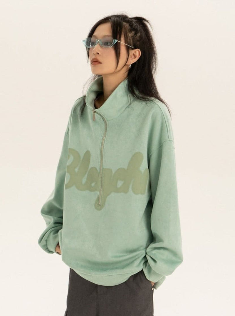 Oversized Suede Sweatshirt With Zipper Polo Collar