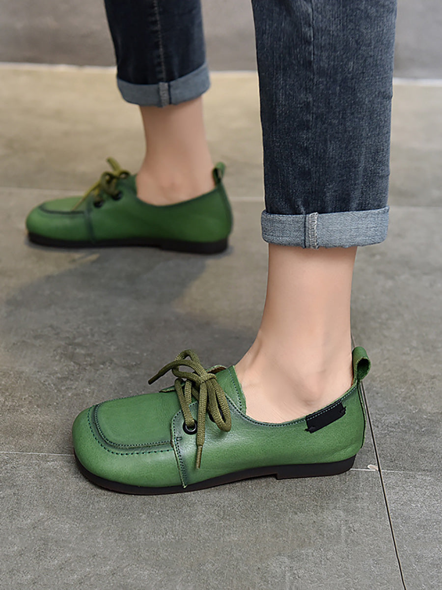 Summer Retro Leather Square Toe Flat Shoes Cx041