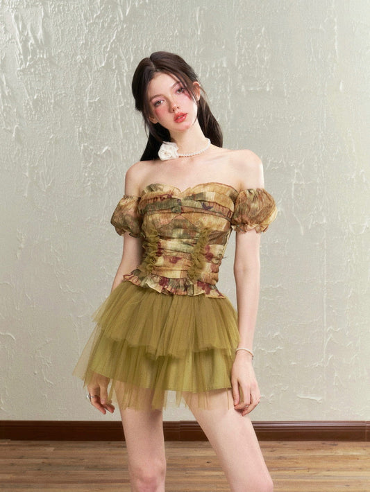 Retro Rose Tulle Frill Top & Mini Skirt