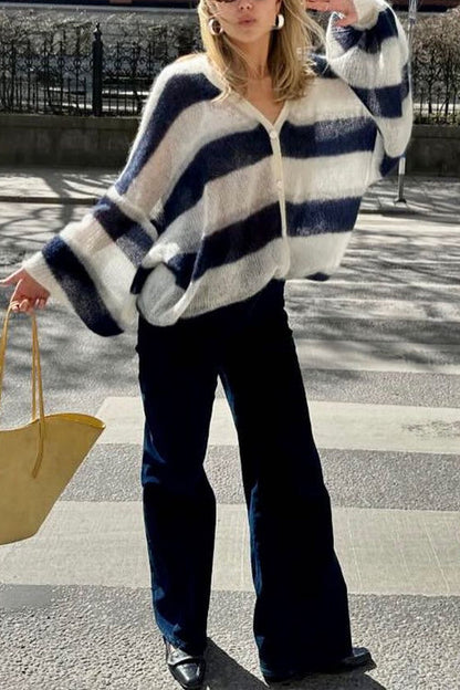 Lantern Sleeves Button Down Color Block Stripes Sweater With Scarf