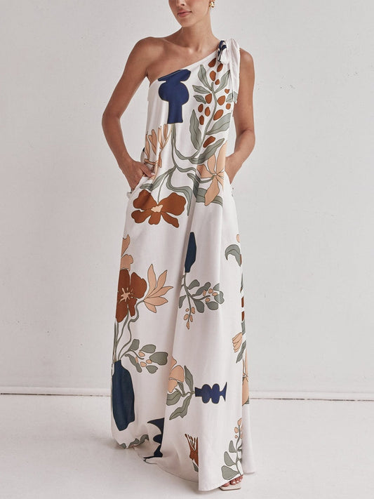Printed One-shoulder Maxi Dress