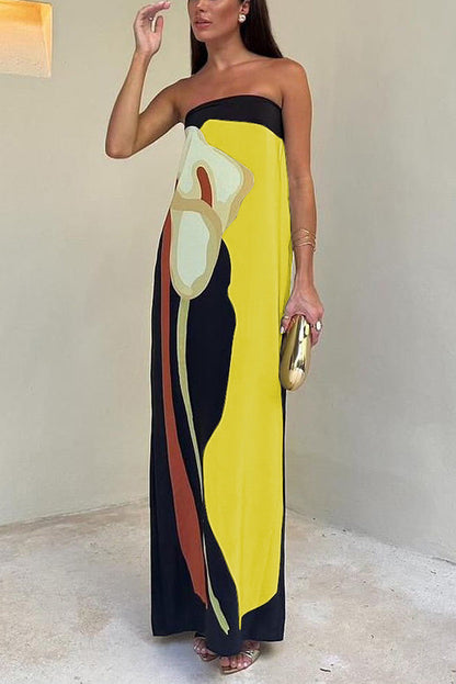 Jaime Abstract Print Elasticated Off Shoulder Vacation Loose Maxi Dress