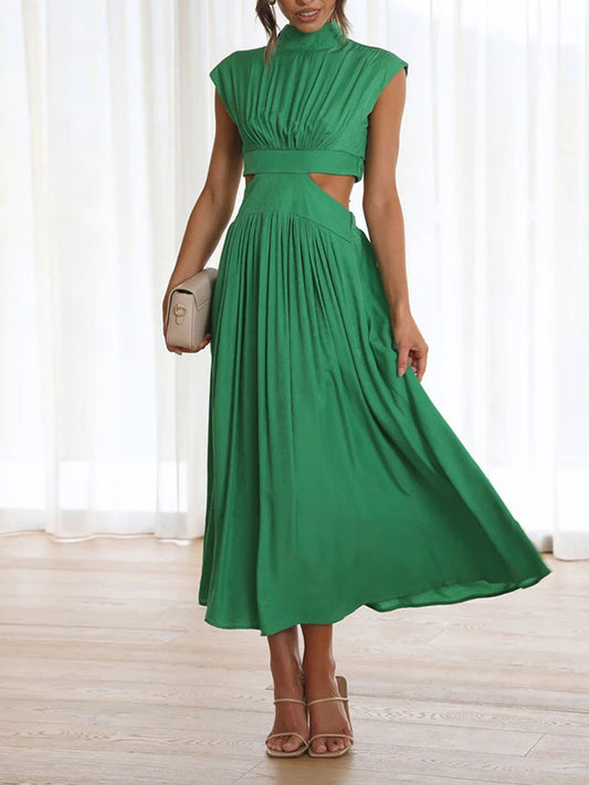 Cap Sleeve Belly-hollow Pleated Color Stand Collar Maxi Dresses