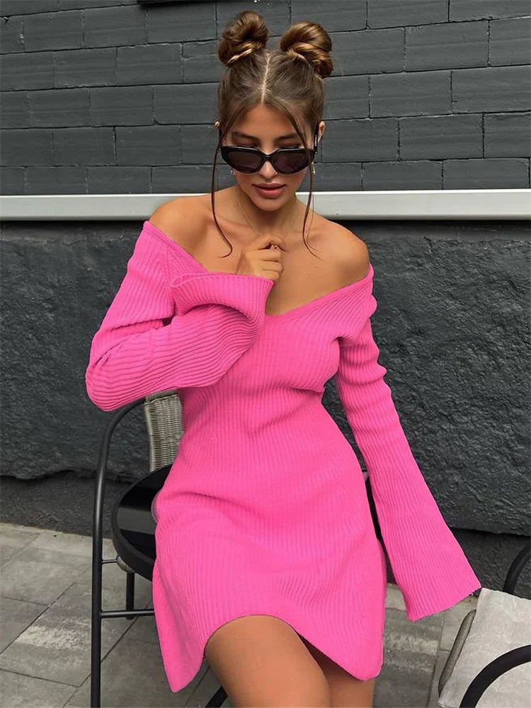 Knit Off-shoulder V-neck Mini Dress for Ribbed Loose High Waist Long Sleeve Knitwear Dress ’s Mini Dress