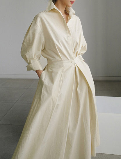 Long Sleeves Loose Pleated Color Split-joint Tied Waist Lapel Midi Dresses Shirt Dress