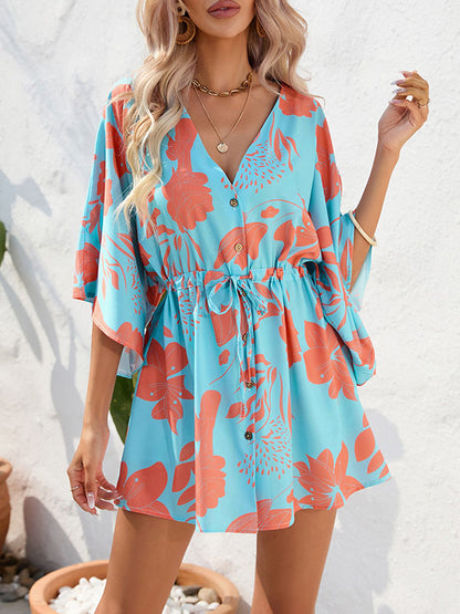 A-line Half Sleeves Buttoned Drawstring Flower Print V-neck Mini Dresses