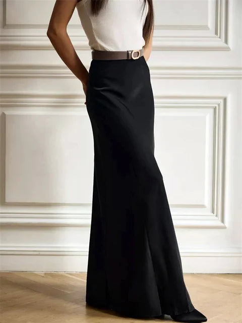 Summer Satin High Waist Long Skirt – Female Slim Patchwork Maxi Skirt