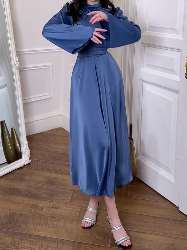 Long Sleeves Loose Pleated Color Tied Waist Mock Neck Maxi Dresses