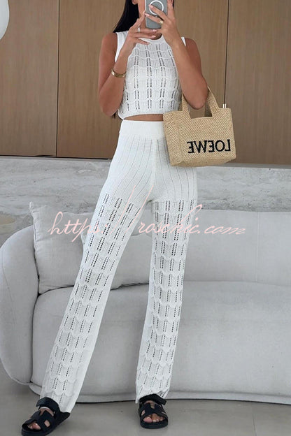 Color Hollow Sleeveless Round Neck Knitted Vest and Stretch Straight Pants Set