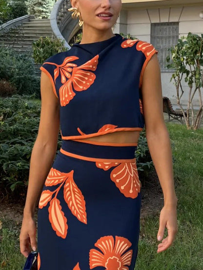 Exquisite Plant and Flower Print Cap Sleeve Short T-shirt