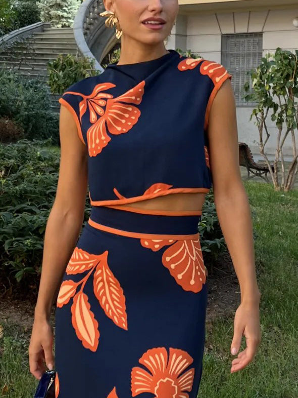 Exquisite Plant and Flower Print Cap Sleeve Short T-shirt