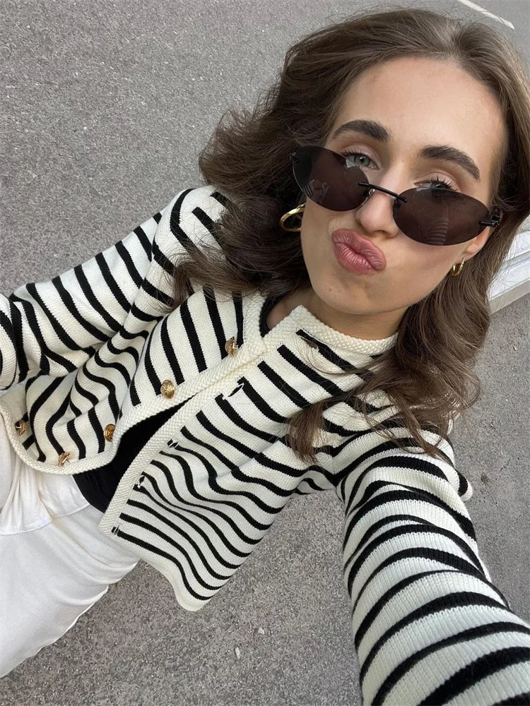 Striped Knit Sweater Cardigan Coat Female Loose Long Sleeve Slim Patchwork Contrast Outwear Summer Knitwear Coat