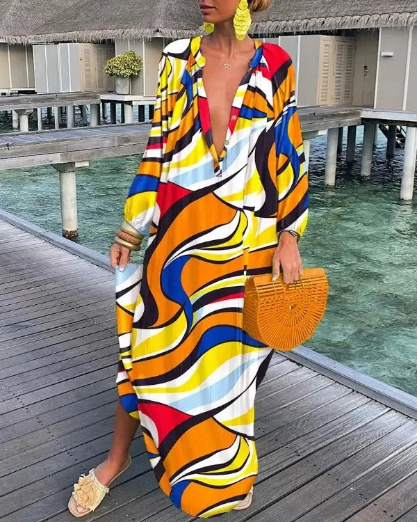 Printed Loose Long Dresses for V-neck Irregular Big Skirt Beachwear Maxi Dress Beach Vacation Vestidos