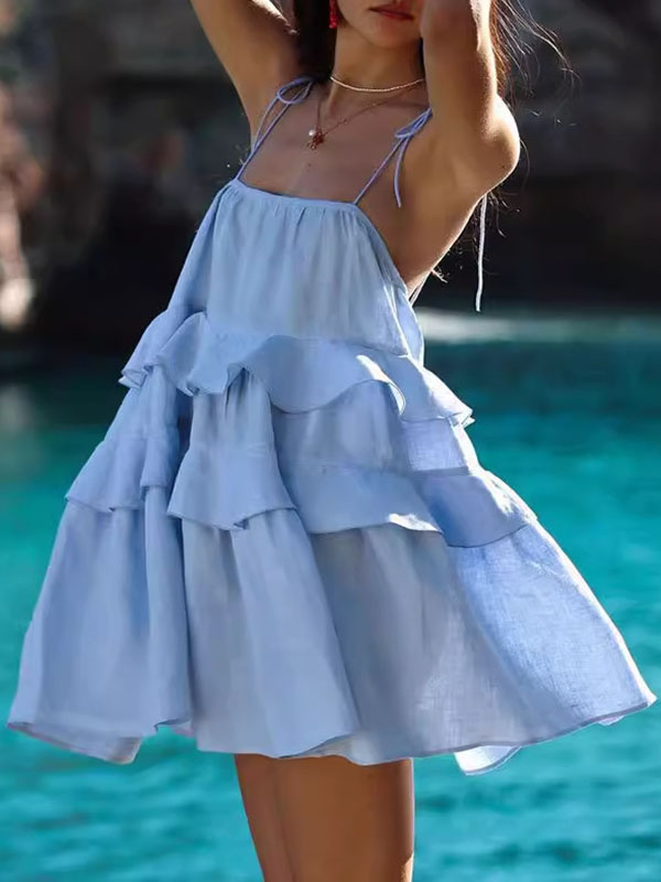 High Waisted Loose Backless Layered Pleated Color Tied Spaghetti-neck Mini Dresses