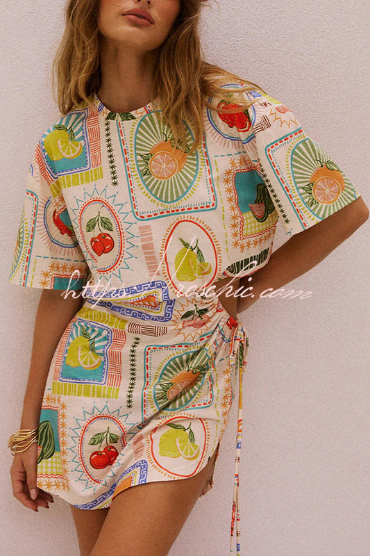 Summer Fruit Print Short Sleeve Off-waist Tie Mini Dress