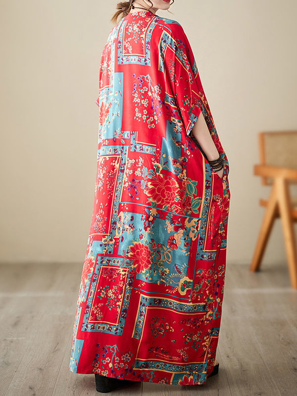Loose Short Sleeves Printed Multi-colored V-neck Maxi Dresses