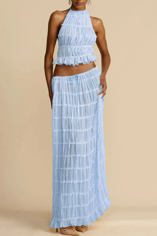 Versatility and Charm Pleated Drawstring Waist Tiered Maxi Skirt