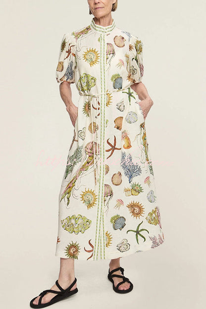 Beach Shell Print Puff Sleeve Tie-waist Midi Dress