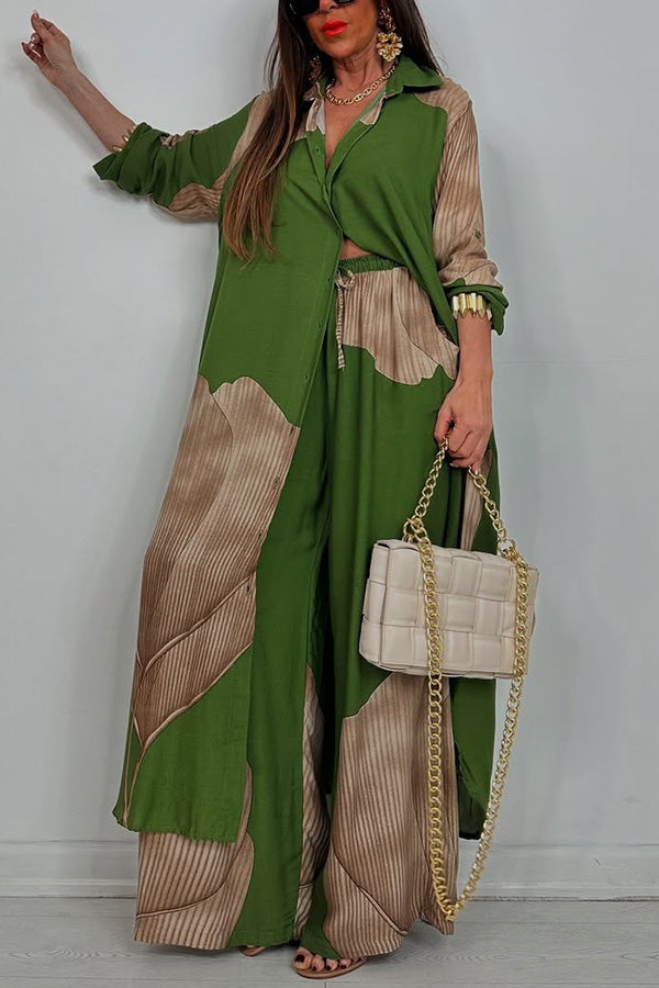 Unique Printed Loose Long Shirt and Elastic Waist Pocket Wide Leg Pants Set