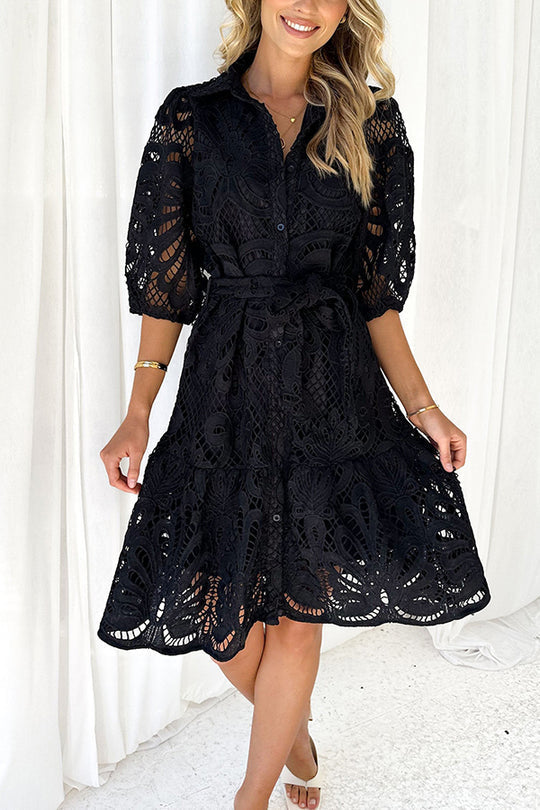 Color Lace Cutout Balloon Sleeves and Waist Tie Mini Dress