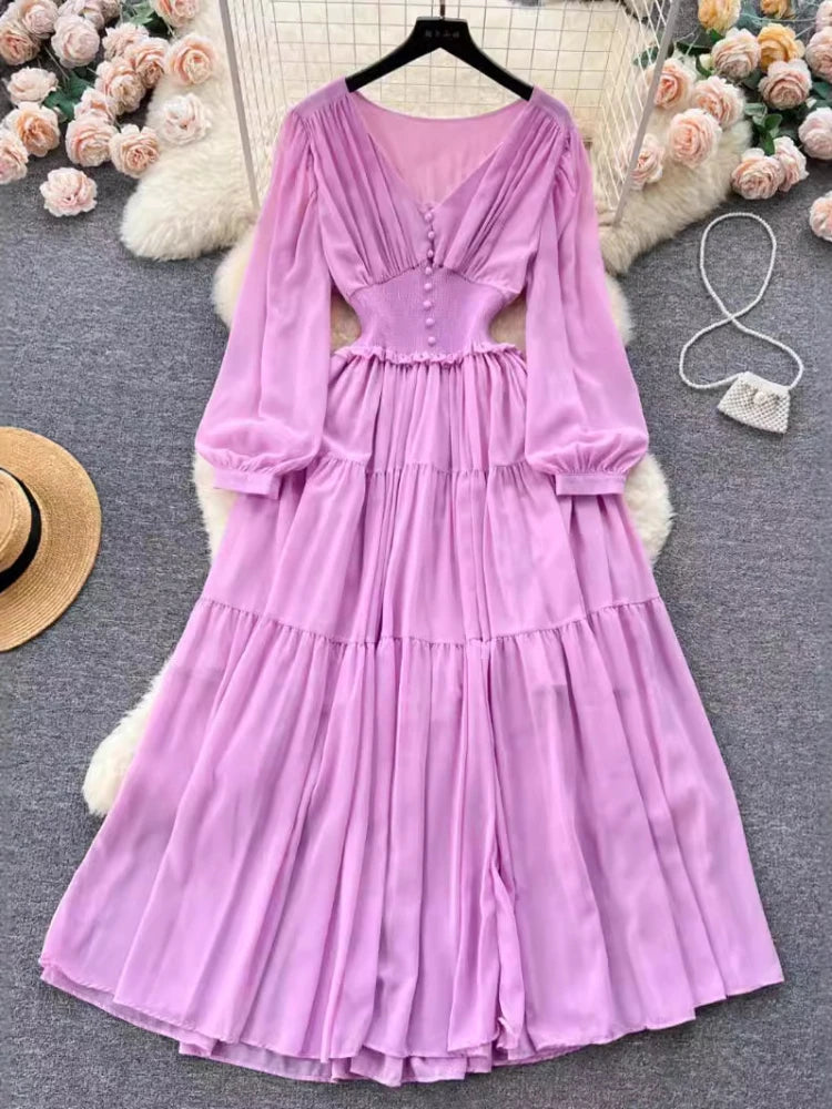 Chiffon Long Dress V-neck Long Sleeved Dresses French Pleated Slim A-line Long Robe Vestidos