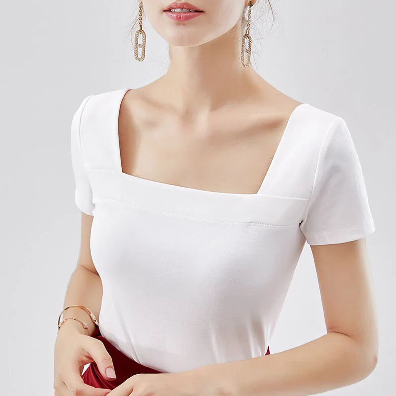 Spring Summer Style Cotton Blouses Shirts Lady Short Sleeve Square Collar Loose Blouses ’s Tops Df3492