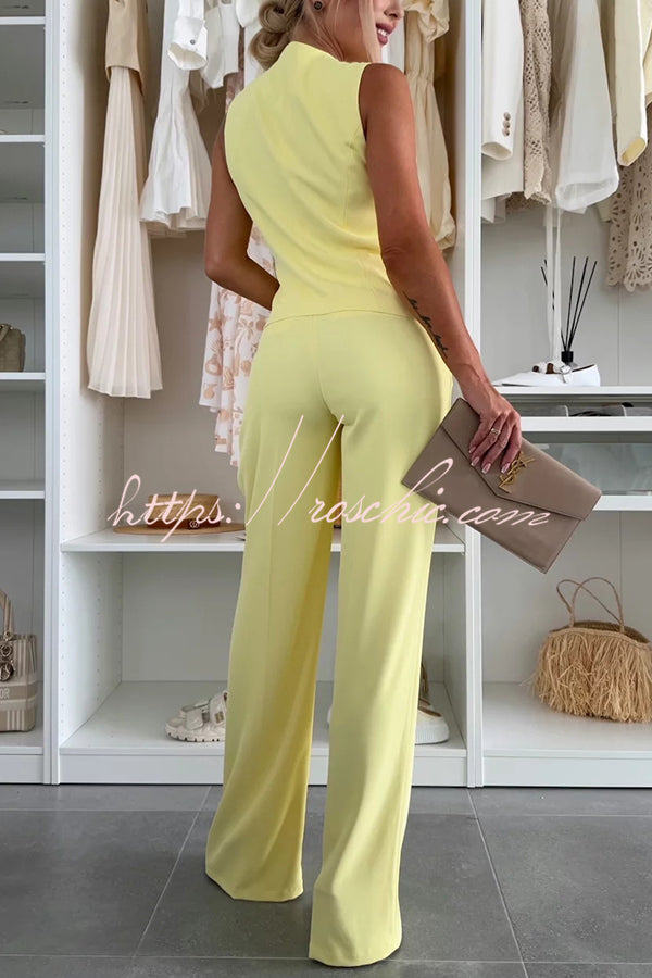 Workplace Sleeveless Button Vest and Relaxed Pocket Wide Leg Pants Set
