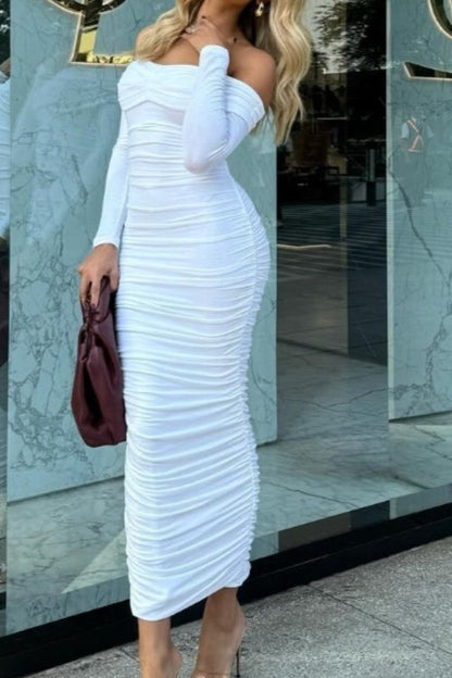 Color Off-shoulder Ruched Long Sleeve Maxi Dress