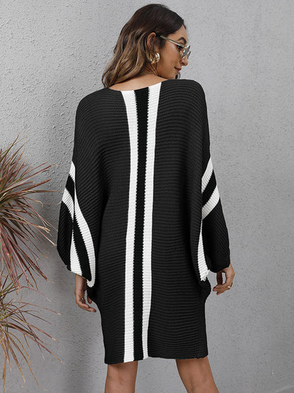 Original Loose 4 Colors Striped Round-neck Batwing Long Sleeves Sweater Dress