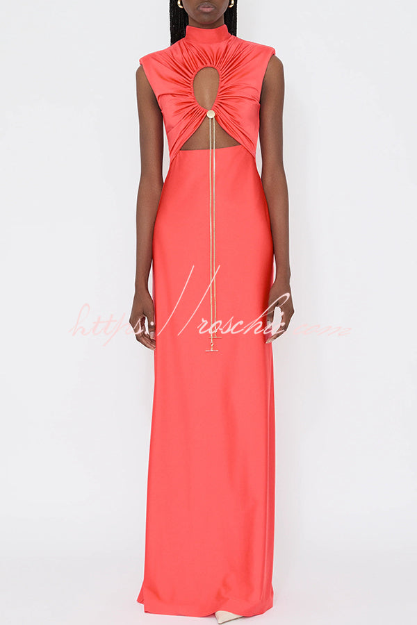 Genis Hollow Elastic Bust High Neck Sleeveless Gathered Maxi Dress