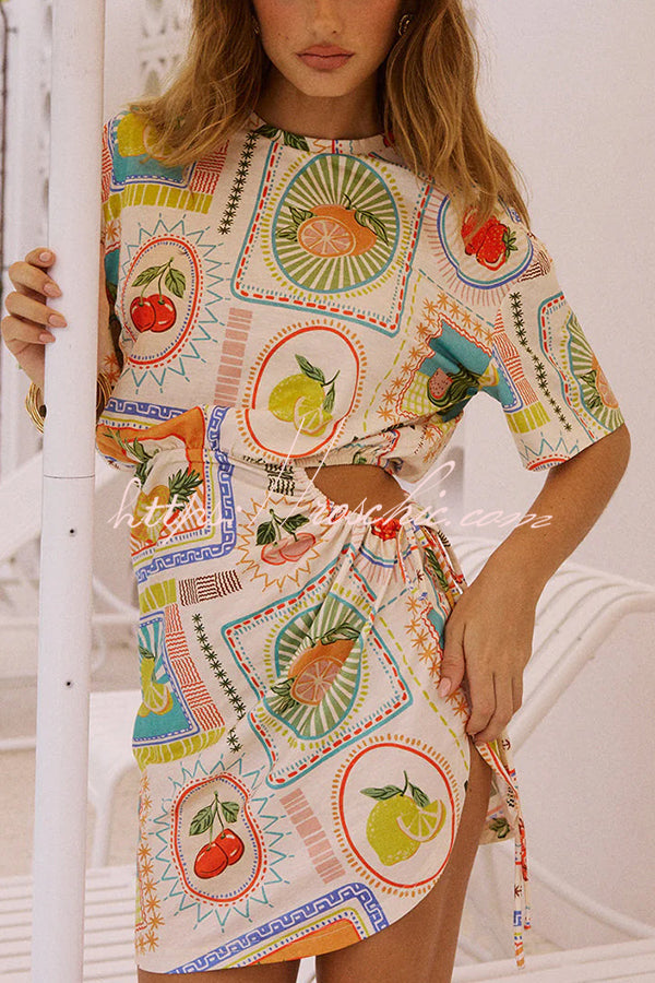 Summer Fruit Print Short Sleeve Off-waist Tie Mini Dress