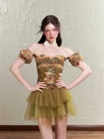 Retro Rose Tulle Frill Top & Mini Skirt