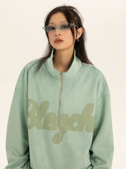 Oversized Suede Sweatshirt With Zipper Polo Collar