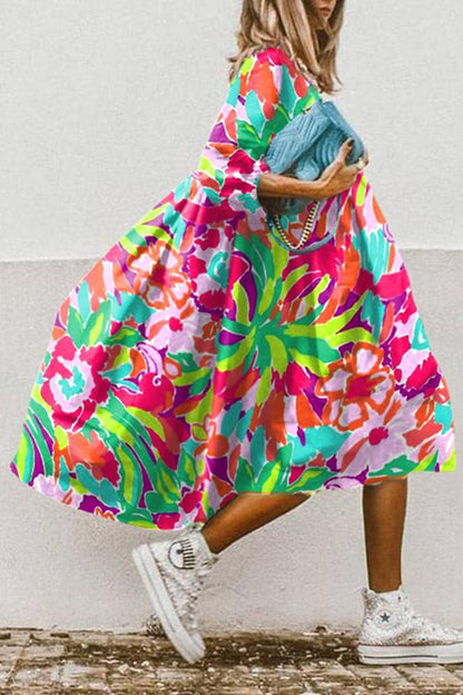 Print High Low Hem A-line Midi Dress