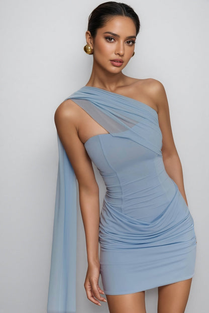 Haliny Blue Slinky and Mesh Mini Dress