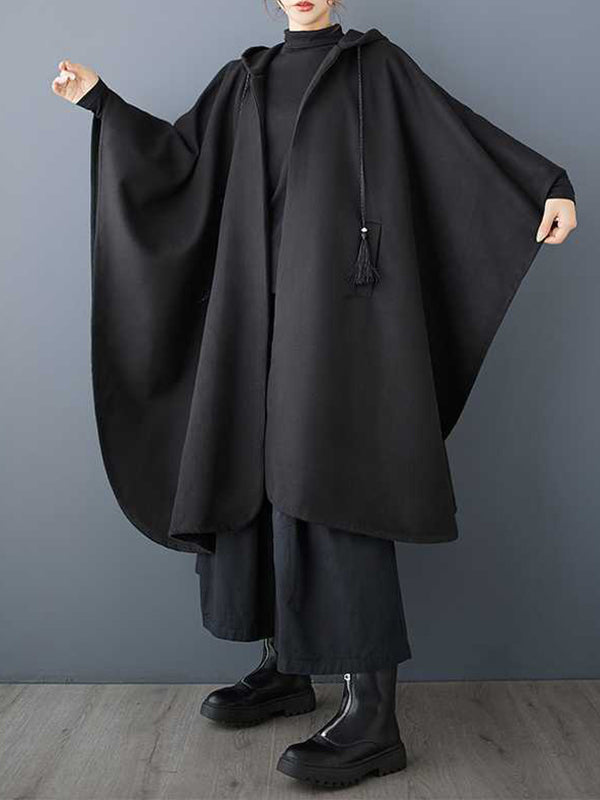 Stylish Black Hooded Drawstring Tasseled Pockets Zip-up Batwing Sleeve Trench Coat Tw007