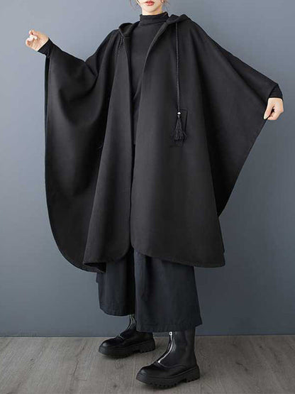 Stylish Black Hooded Drawstring Tasseled Pockets Zip-up Batwing Sleeve Trench Coat Tw007
