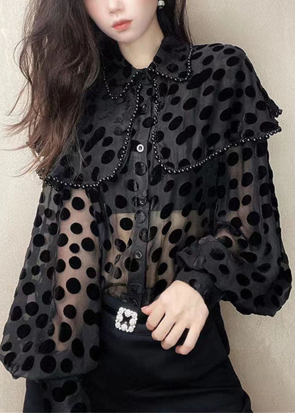 Patchwork Black Unique Velour Blouses Nail Collar Pan Bead Peter