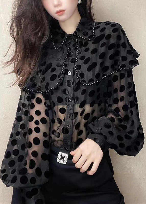 Patchwork Black Unique Velour Blouses Nail Collar Pan Bead Peter