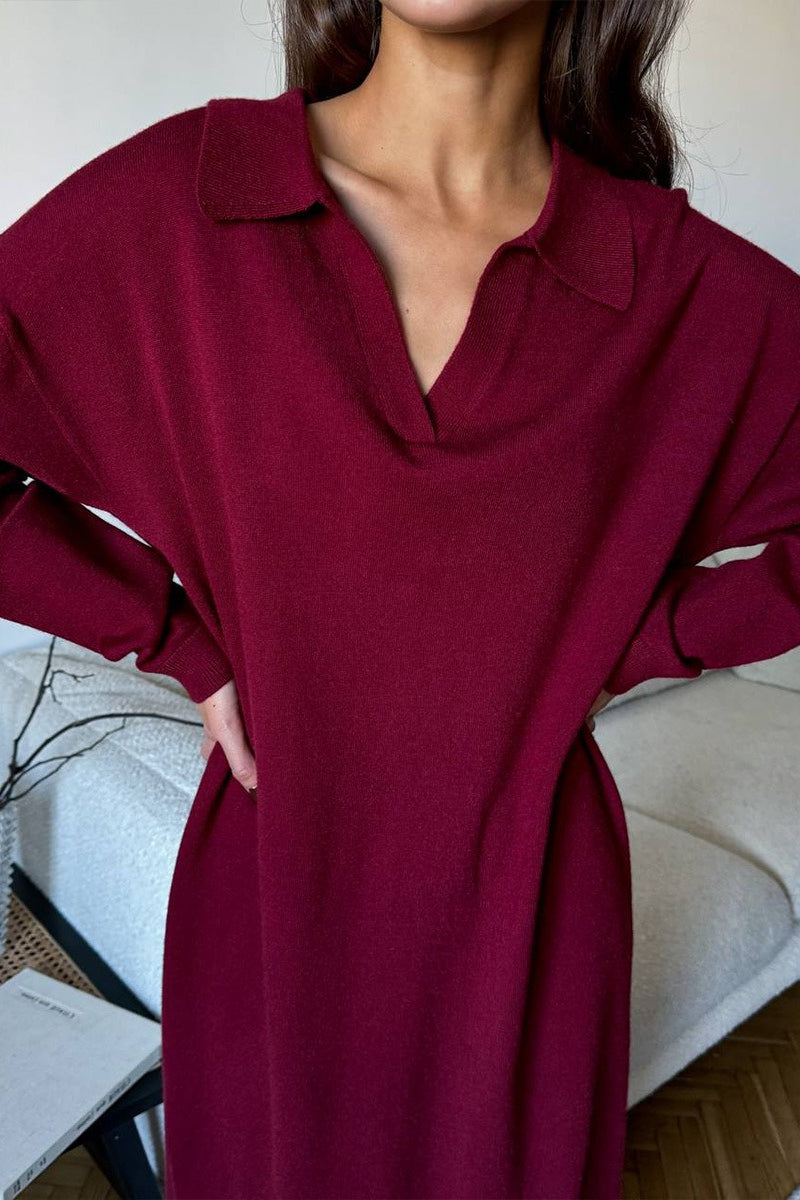 Red Polo Neck Knit Midi Dress
