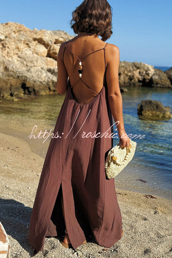 Sunny Beach Straps Unique Beaded Detail Backless Slit Maxi Dress