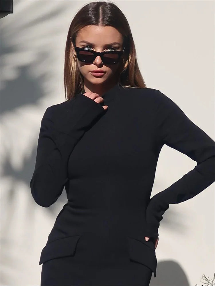 Female Maxi Dress High Waist Pocket Patchwork Skinny Commute Autumn Dress ’s Long Dress