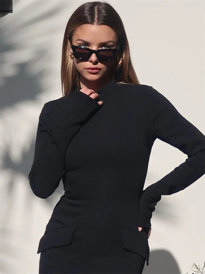 Female Maxi Dress High Waist Pocket Patchwork Skinny Commute Autumn Dress ’s Long Dress