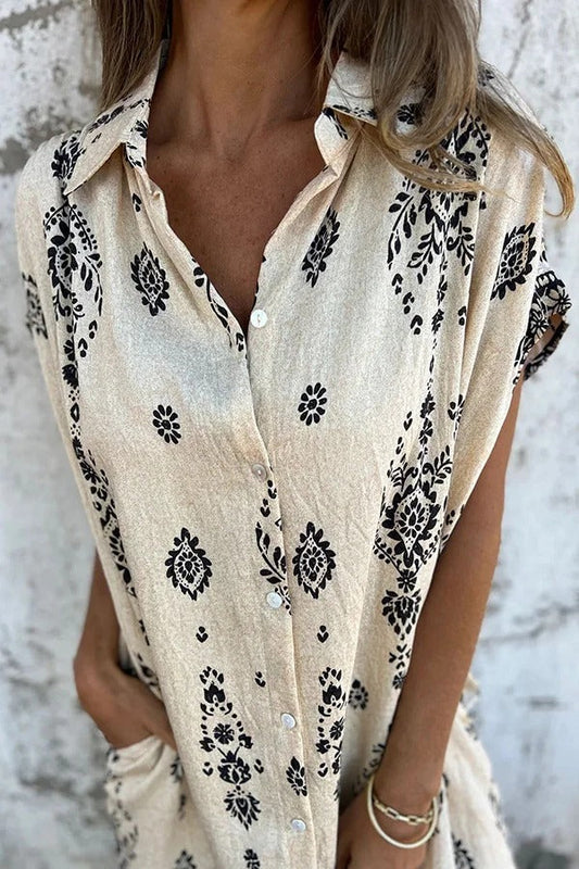 Linen Blend Unique Print Lapel Pocket Mini Dress