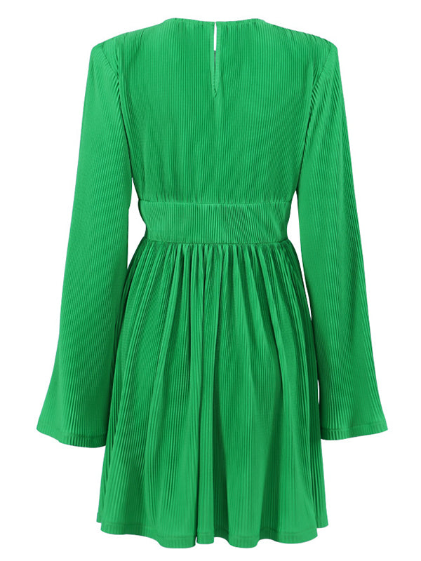 A-line Flared Sleeves High-waisted Pleated Color Zipper Round-neck Mini Dresses